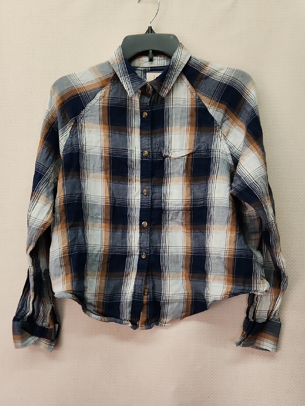 SO Women's Navy, Brown and White Plaid Button-Down Shirt